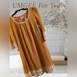 UMGEE Beautiful crochet design Marigold Dress SZ:L STRETCHY w wide lace NWOT